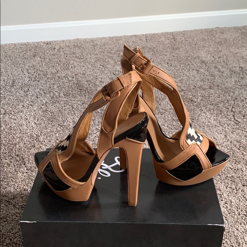 L.A.M.B. Tan and Black Geometric Platform Heels